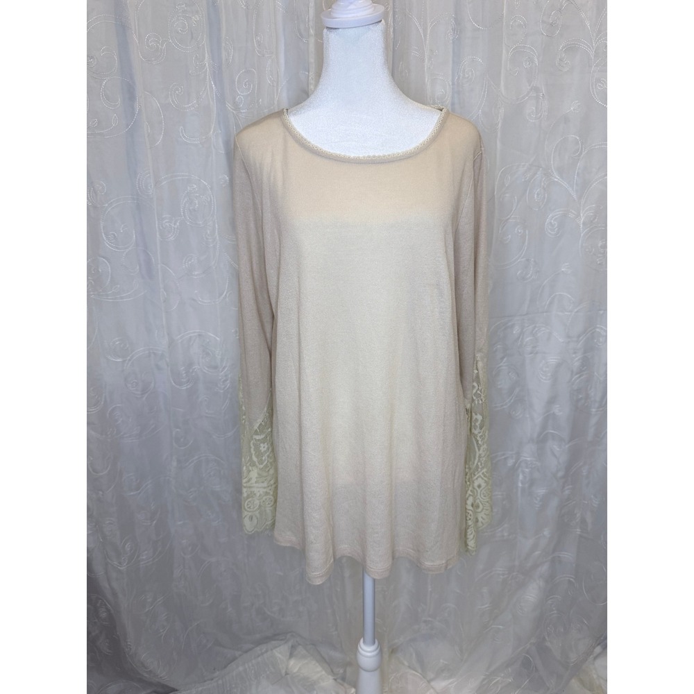 Peach Love CA Beige Lace Bell Sleeve Knit Top Tunic Scallop Neck Cream Large - Picture 1 of 8